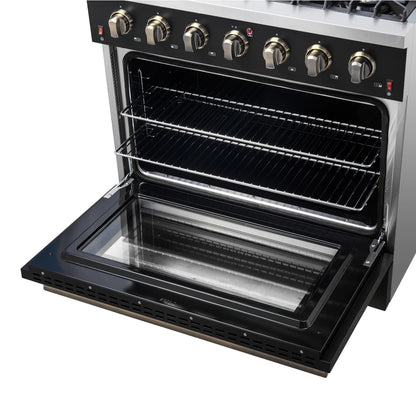 Forno 5-Piece Appliance Package - 36-Inch Gas Range, Wall Mount Range Hood, 60-Inch Convertible Refrigerator with Modern Trim, Dishwasher, and 24-Inch Microwave Oven in Black with Antique Brass Handle - AP5-6244-36BLK-MWO24-60MG