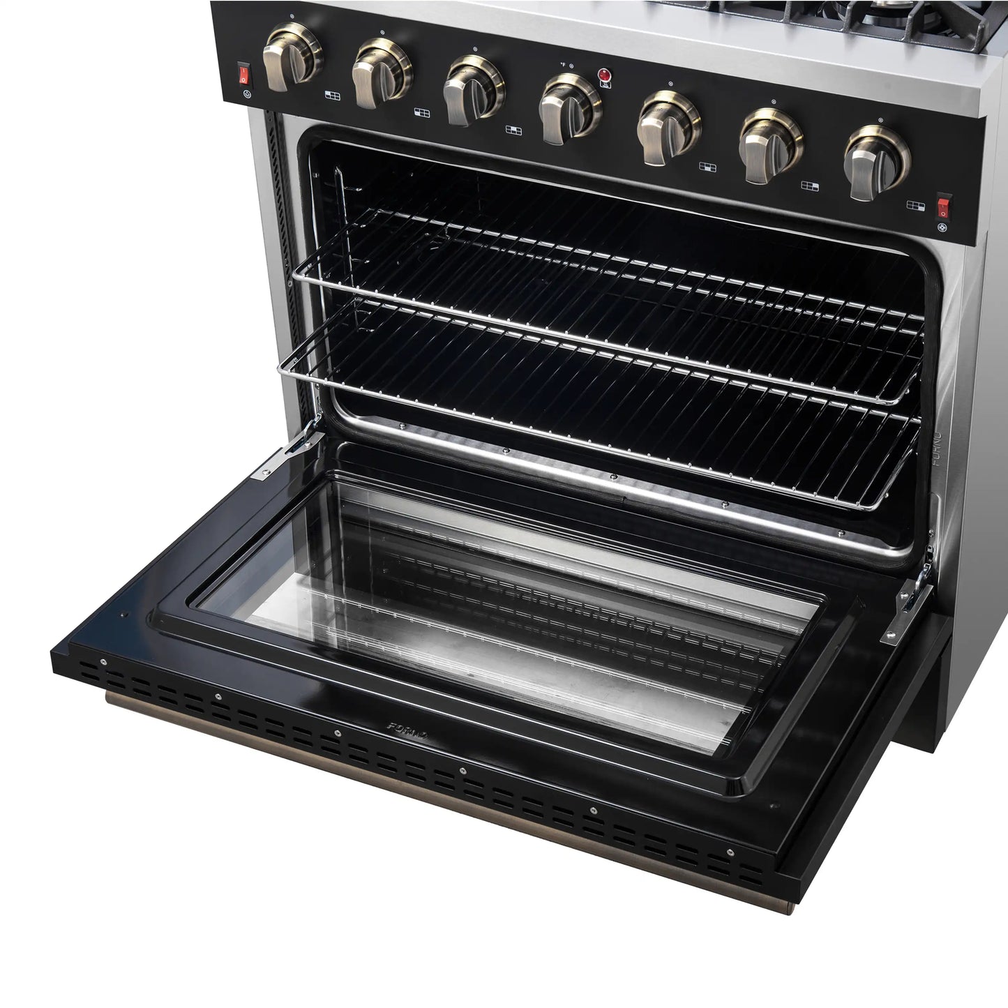Forno Galiano 5-Piece Appliance Package - 36-Inch Gas Range, 36-Inch Hood, 36-Inch Refrigerator, 24-Inch Dishwasher, & 30-Inch Microwave Oven in Black with Antique Brass Trim - AP5-6244-36BLK-MWO30