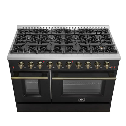 Forno 5-Piece Appliance Package - 48-Inch Gas Range, 60-Inch Convertible Refrigerator with Modern Trim, Dishwasher, and 24-Inch Microwave Oven in Black with Antique Brass Handle - AP5-6244-48BLK-MWO24-60MG