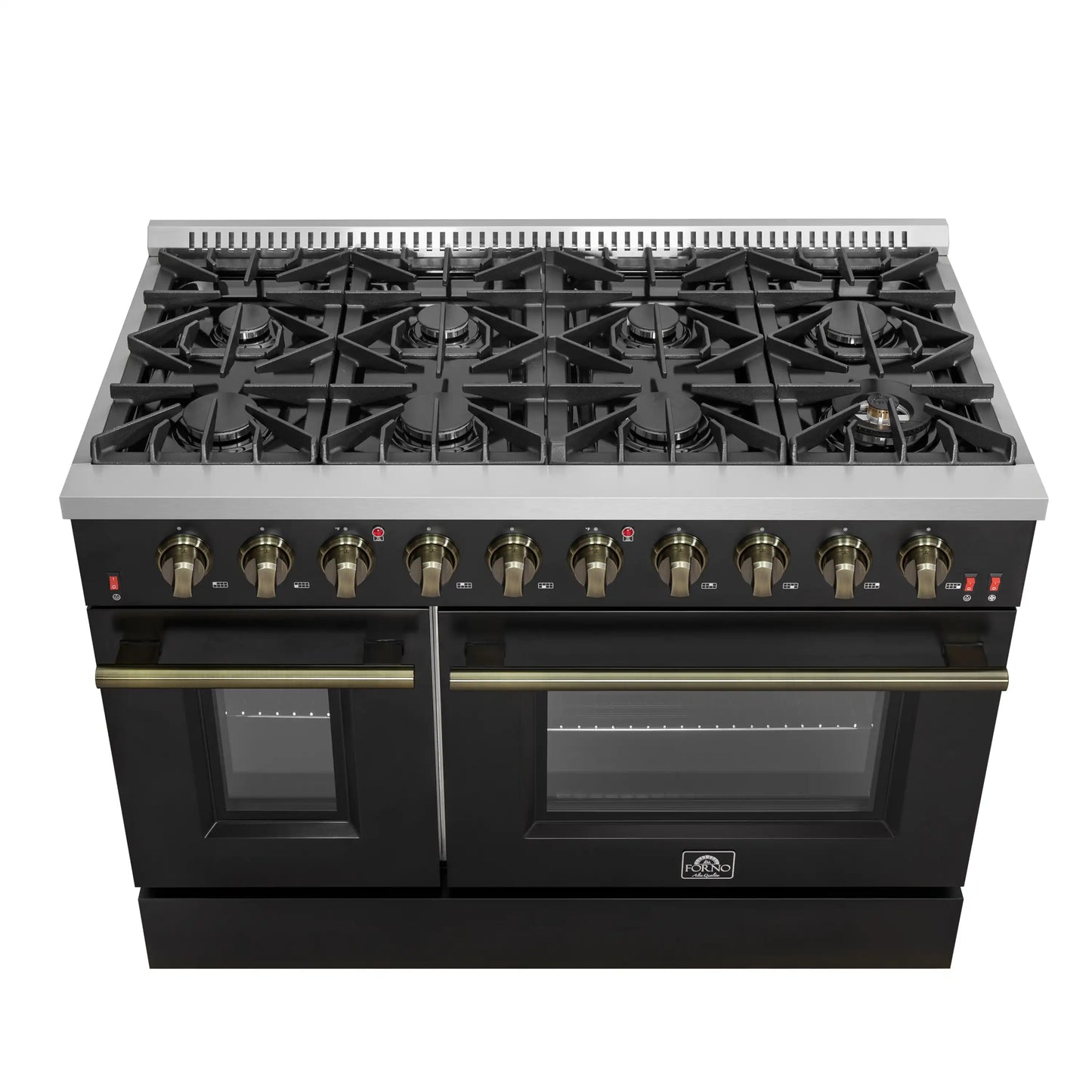 Forno Galiano 48-Inch Gas Range with 8 Burners and  6.58 Cu.Ft. Double Convection Oven in Black with Antique Brass Trim  - FFSGS6244-48BLK