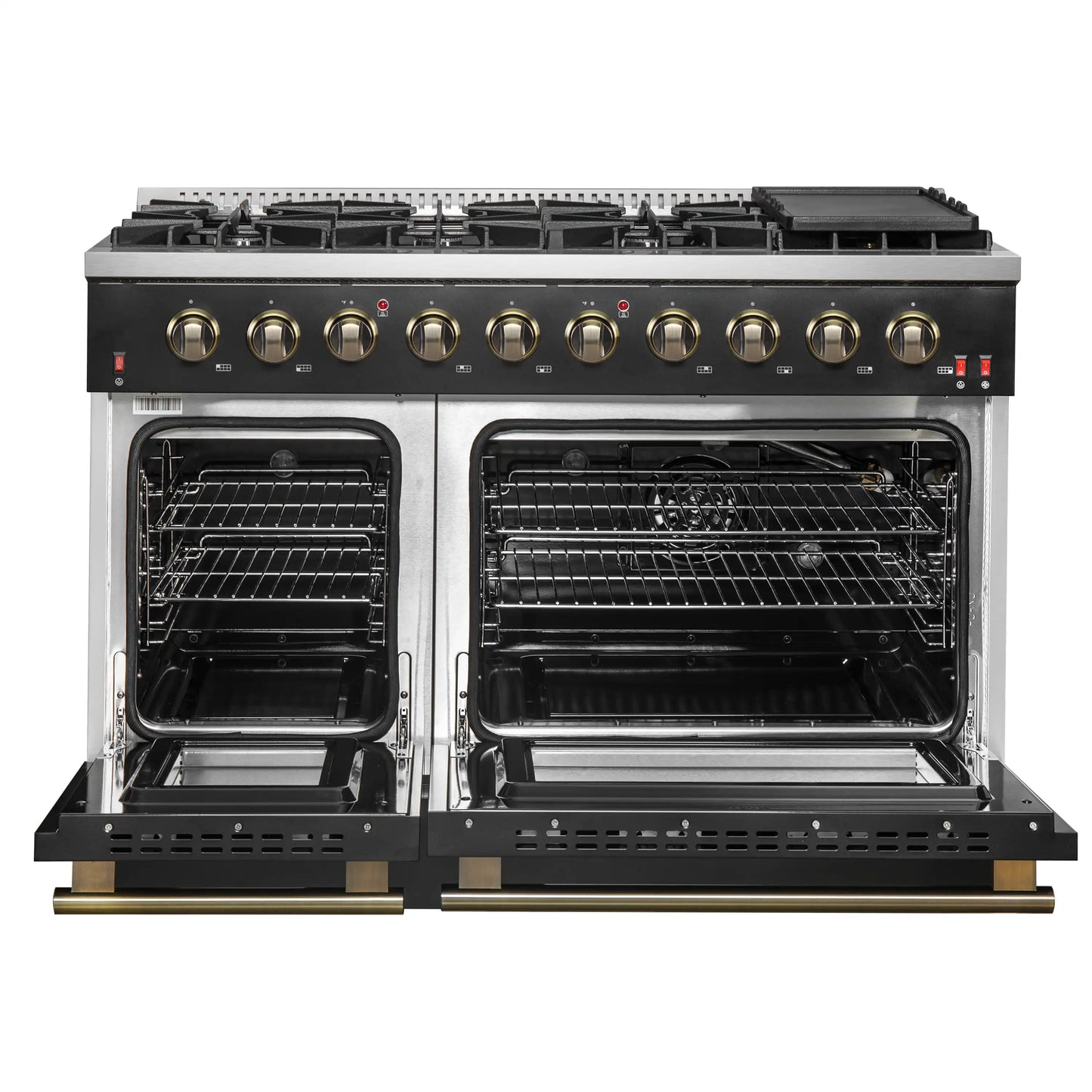 Forno 5-Piece Appliance Package - 48-Inch Gas Range, 60-Inch Convertible Refrigerator with Modern Trim, Dishwasher, and 24-Inch Microwave Drawer in Black with Antique Brass Handle - AP5-6244-48BLK-MWD24-60MG