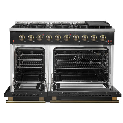Forno 5-Piece Appliance Package - 48-Inch Gas Range, 60-Inch Convertible Refrigerator with Modern Trim, Dishwasher, and 24-Inch Microwave Drawer in Black with Antique Brass Handle - AP5-6244-48BLK-MWD24-60MG