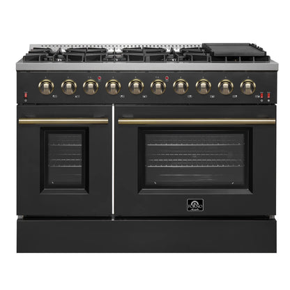 Forno 5-Piece Appliance Package - 48-Inch Gas Range, 60-Inch Convertible Refrigerator with Modern Trim, Dishwasher, and 24-Inch Microwave Drawer in Black with Antique Brass Handle - AP5-6244-48BLK-MWD24-60MG