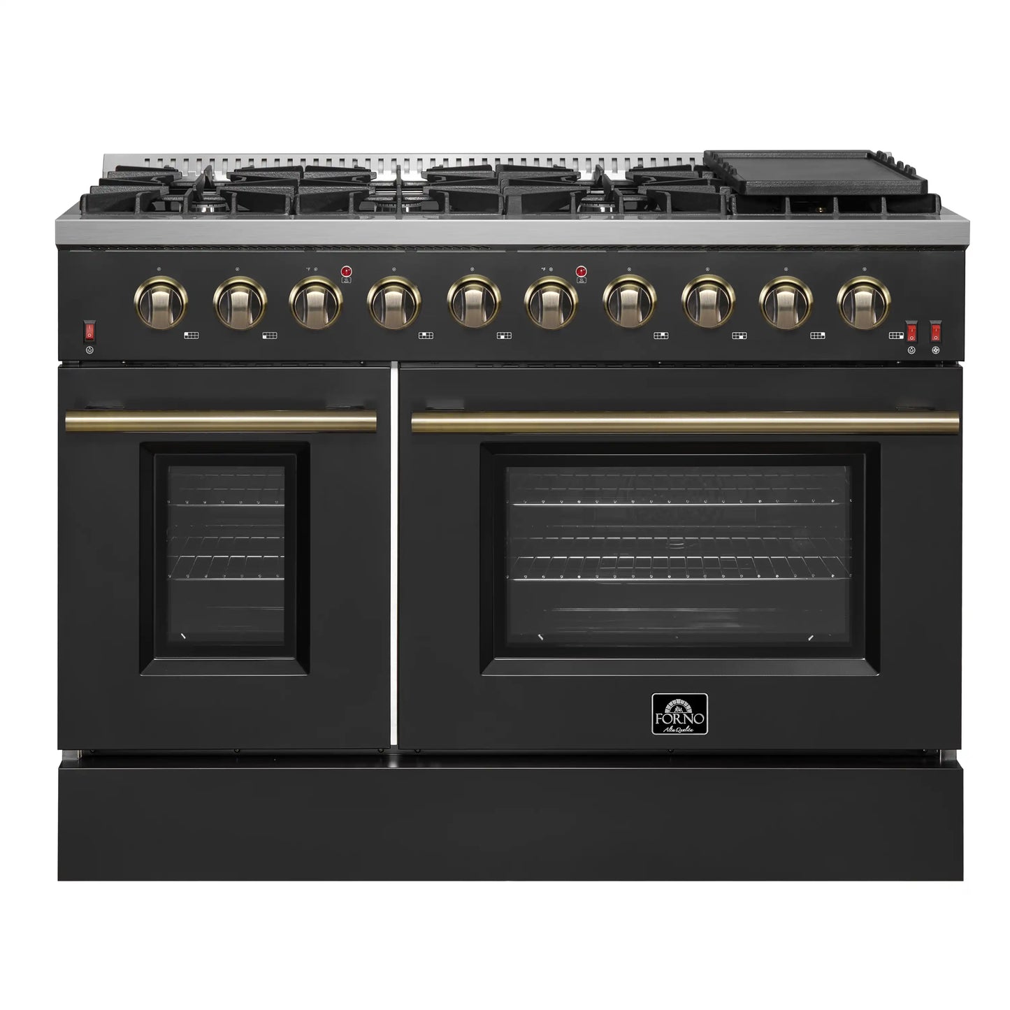 Forno 5-Piece Appliance Package - 48-Inch Gas Range, 60-Inch Convertible Refrigerator with Modern Trim, Dishwasher, and 24-Inch Microwave Oven in Black with Antique Brass Handle - AP5-6244-48BLK-MWO24-60MG