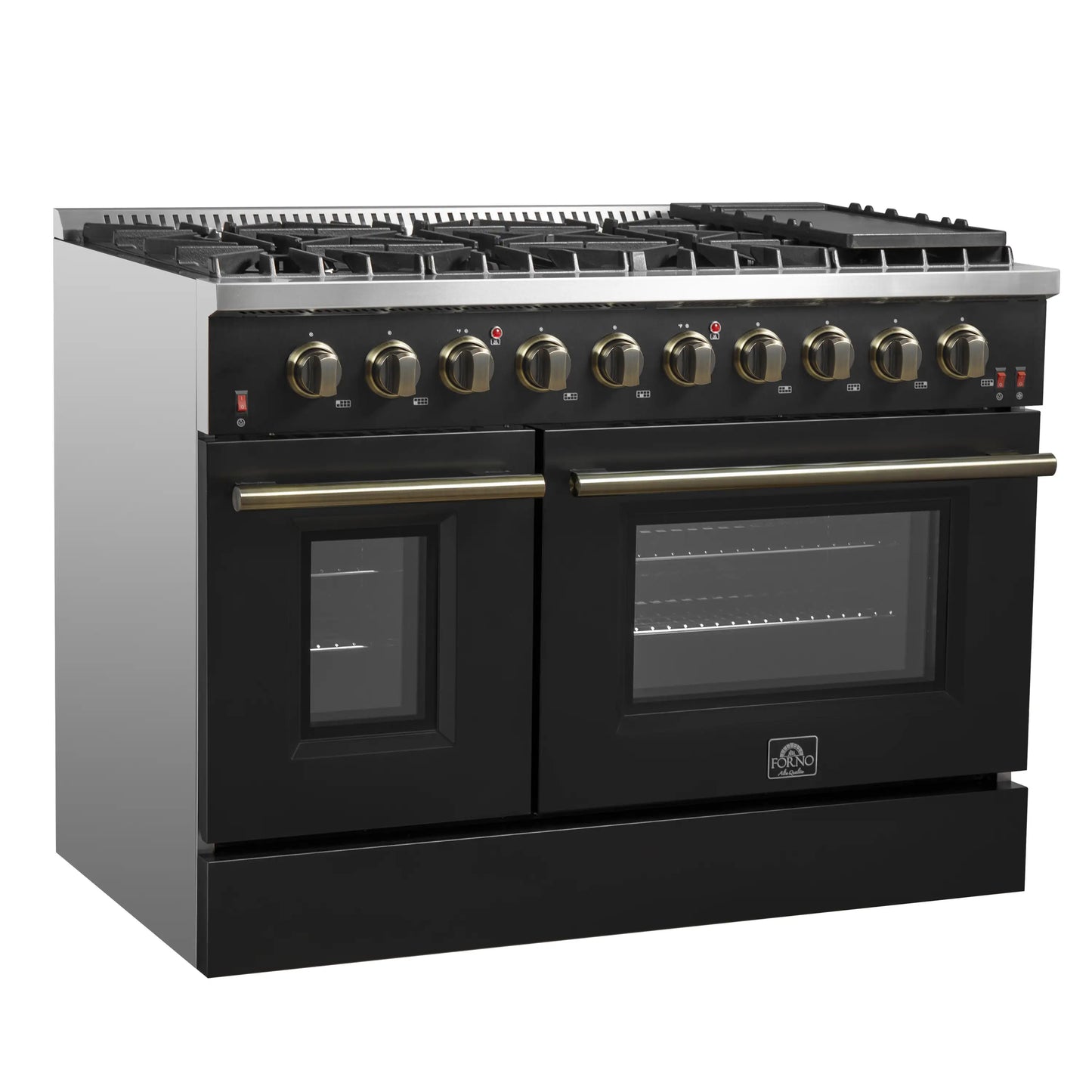 Forno 5-Piece Appliance Package - 48-Inch Gas Range, Wall Mount Range Hood, 36-Inch Refrigerator, Dishwasher, and 24-Inch Microwave Drawer in Black with Antique Brass Handle - AP5-6244-48BLK-5095-MD24