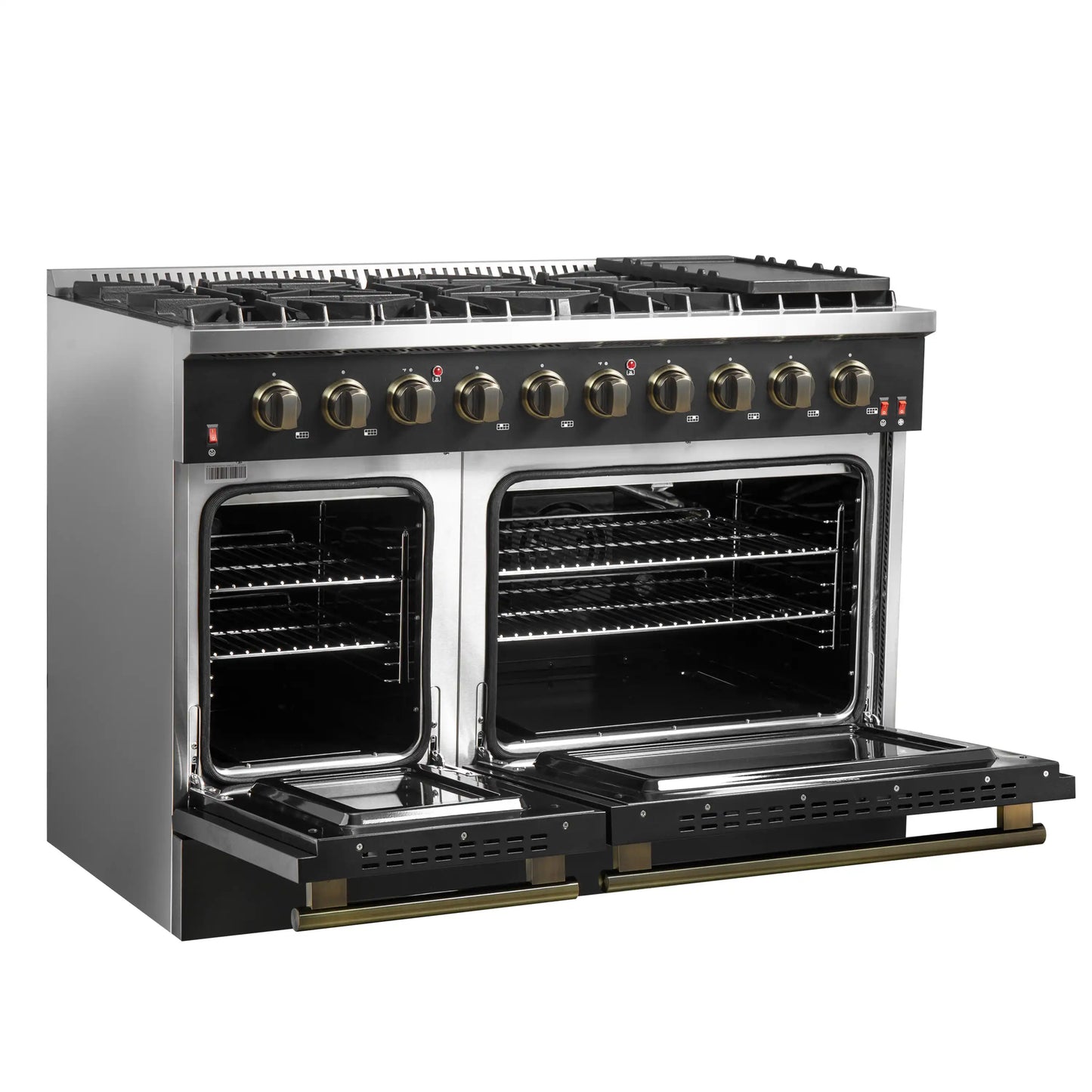 Forno 5-Piece Appliance Package - 48-Inch Gas Range, 60-Inch Convertible Refrigerator with Modern Trim, Dishwasher, and 30-Inch Microwave Drawer in Black with Antique Brass Handle - AP5-6244-48BLK-MWD30-60MG