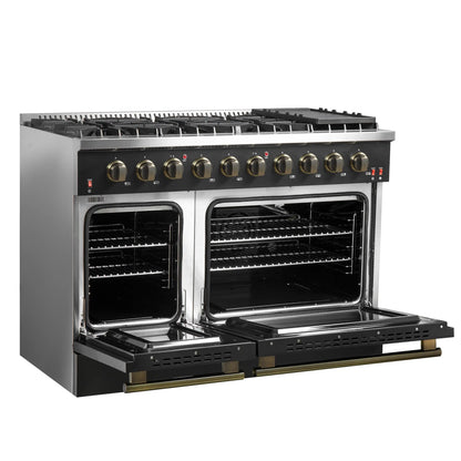 Forno Galiano 48-Inch Gas Range with 8 Burners and  6.58 Cu.Ft. Double Convection Oven in Black with Antique Brass Trim  - FFSGS6244-48BLK