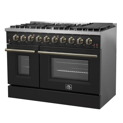 Forno 5-Piece Appliance Package - 48-Inch Gas Range, 60-Inch Convertible Refrigerator with Modern Trim, Dishwasher, and 24-Inch Microwave Oven in Black with Antique Brass Handle - AP5-6244-48BLK-MWO24-60MG
