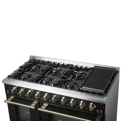 Forno Galiano 5-Piece Appliance Package - 48-Inch Gas Range, 48-Inch Hood, 36-Inch Refrigerator, 24-Inch Dishwasher, & 24-Inch Microwave Oven in Black with Antique Brass Trim - AP5-6244-48BLK-MWO24