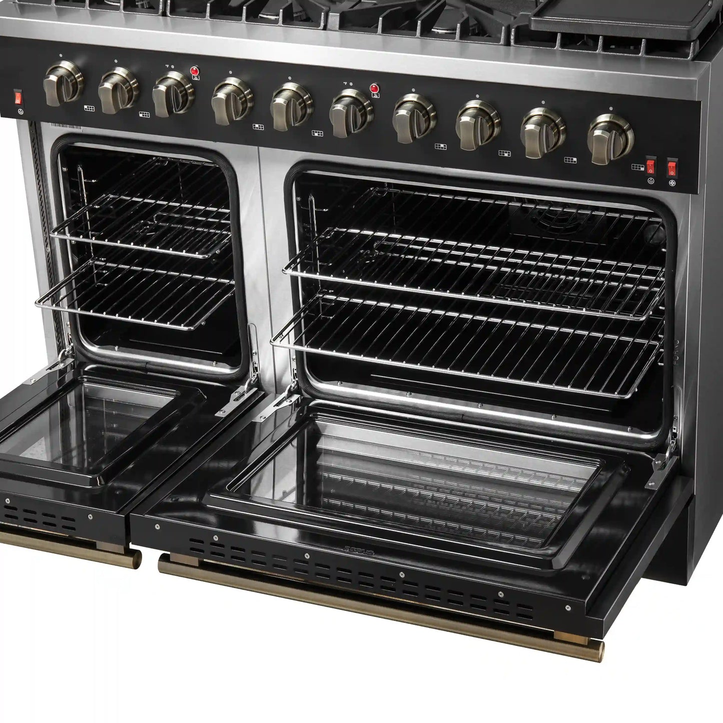 Forno 5-Piece Appliance Package - 48-Inch Gas Range, 60-Inch Convertible Refrigerator with Modern Trim, Dishwasher, and 24-Inch Microwave Oven in Black with Antique Brass Handle - AP5-6244-48BLK-MWO24-60MG