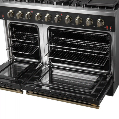 Forno 5-Piece Appliance Package - 48-Inch Gas Range, 60-Inch Convertible Refrigerator with Modern Trim, Dishwasher, and 24-Inch Microwave Oven in Black with Antique Brass Handle - AP5-6244-48BLK-MWO24-60MG