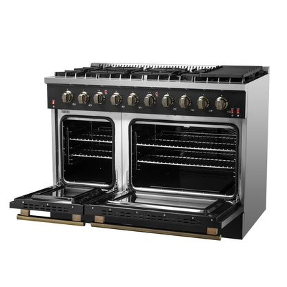 Forno 5-Piece Appliance Package - 48-Inch Gas Range, 60-Inch Convertible Refrigerator with Modern Trim, Dishwasher, and 30-Inch Microwave Oven in Black with Antique Brass Handle - AP5-6244-48BLK-MWO30-60MG
