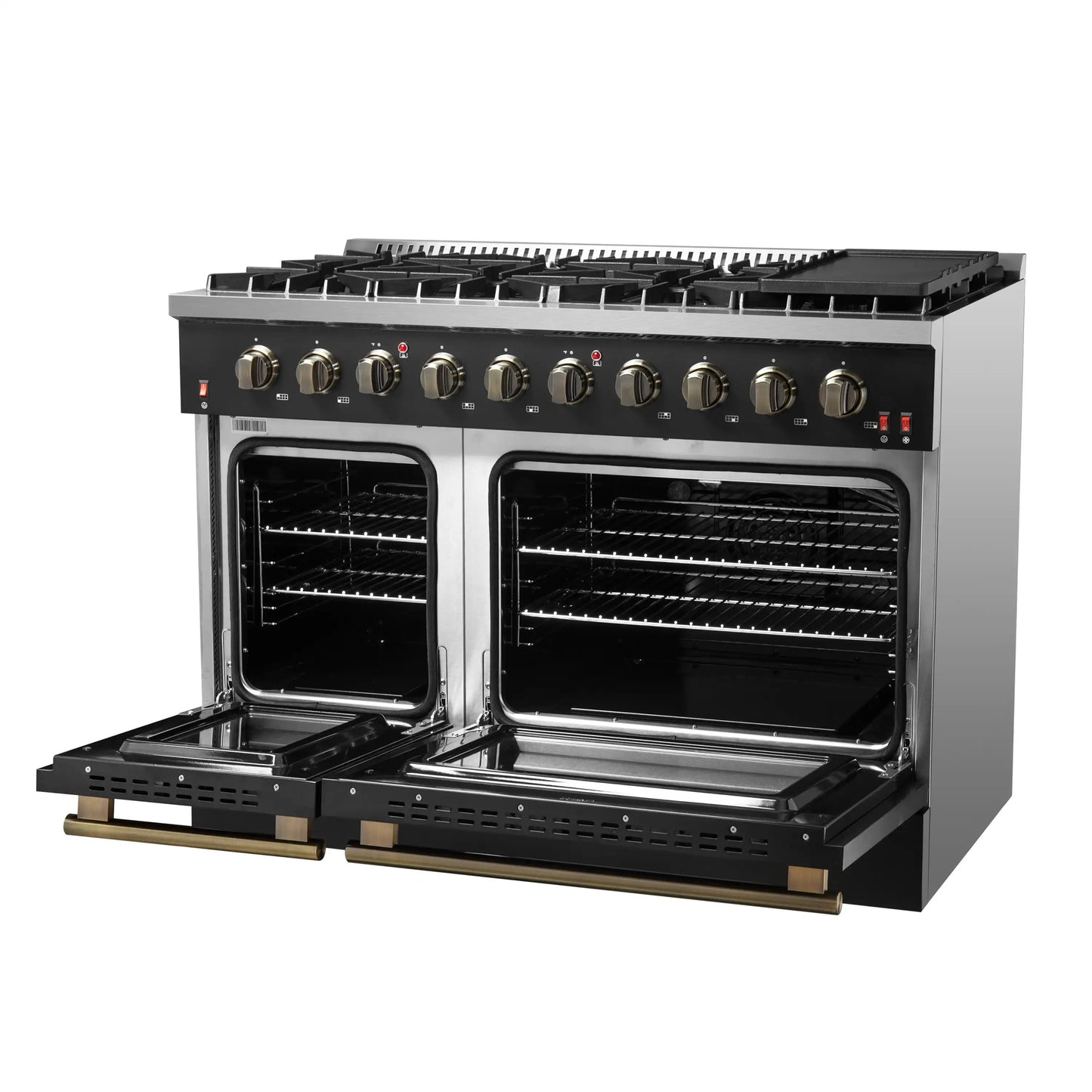 Forno 5-Piece Appliance Package - 48-Inch Gas Range, Wall Mount Range Hood, 36-Inch Refrigerator, Dishwasher, and 30-Inch Microwave Drawer in Black with Antique Brass Handle - AP5-6244-48BLK-5095-MD30
