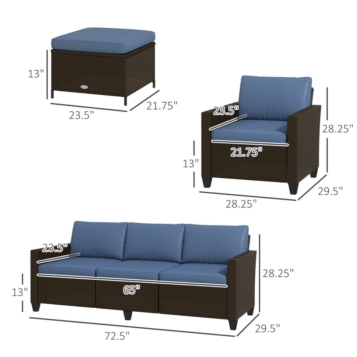 Outsunny 5-Piece Patio Furniture Set with PE Rattan Sofa, Armchairs, Footstools, Cushions, Deep Coffee - 860-311V00CF