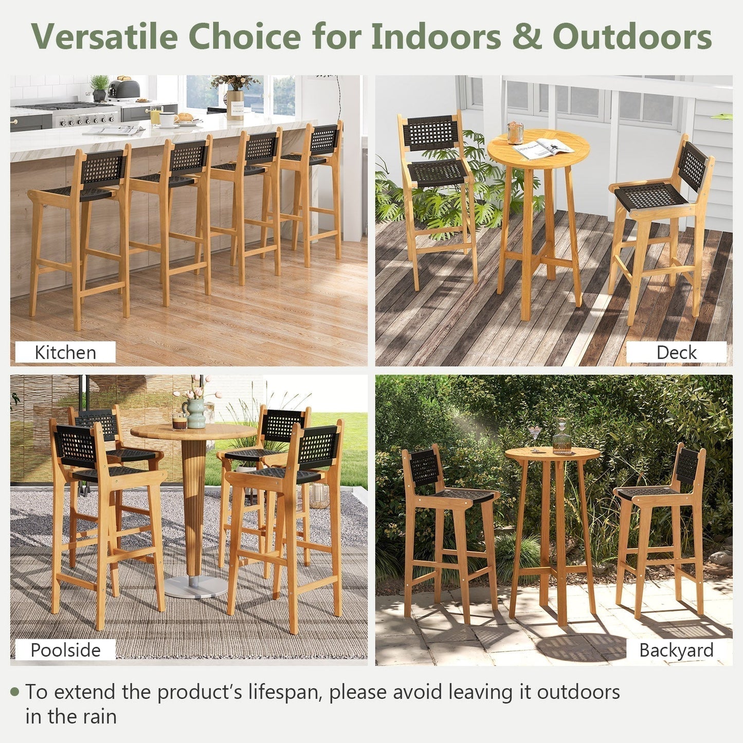 Tangkula Teak Wood Bar Chair, 30” Rattan Bar Stool with Backrest & Footrest - JV11897