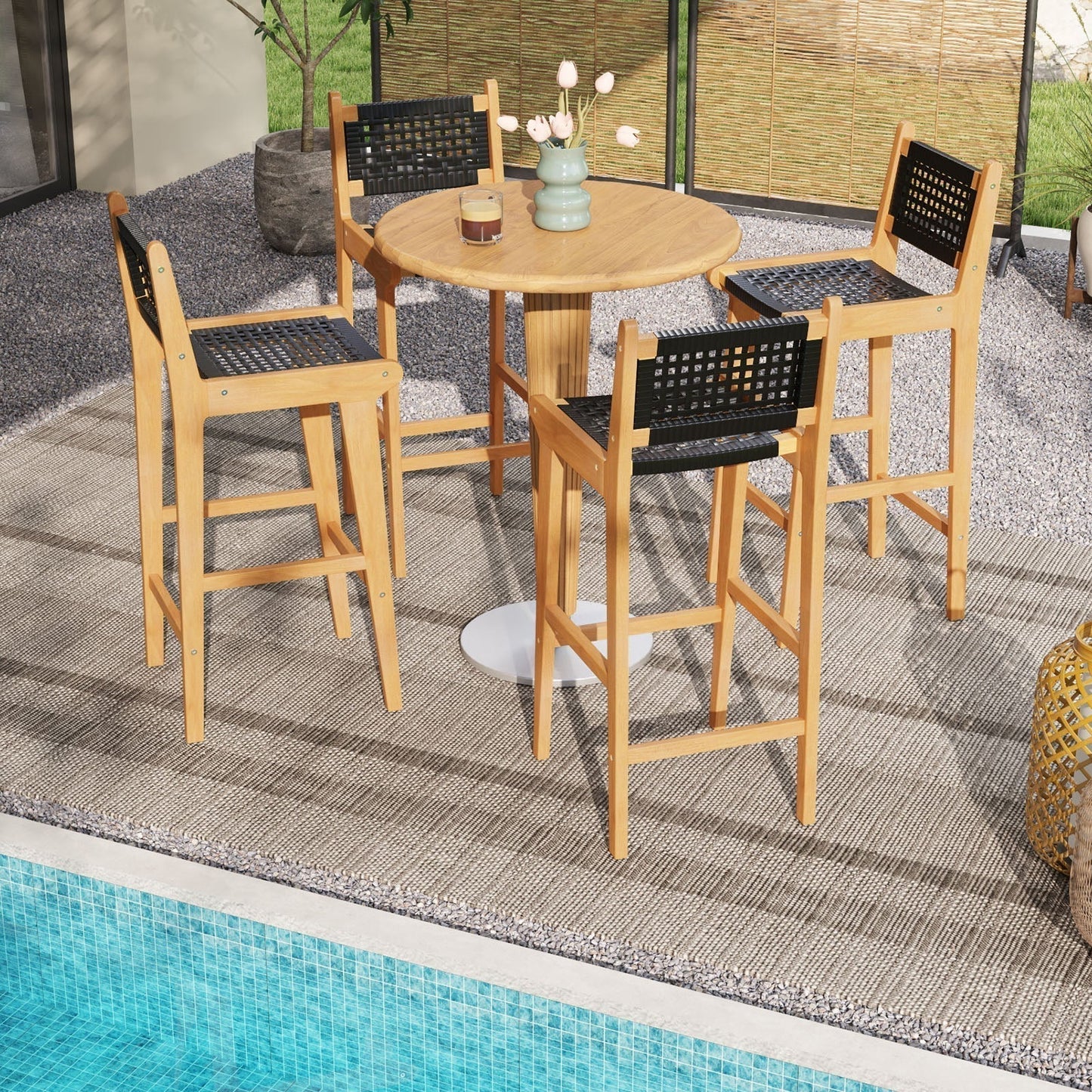 Tangkula Teak Wood Bar Chair, 30” Rattan Bar Stool with Backrest & Footrest - JV11897