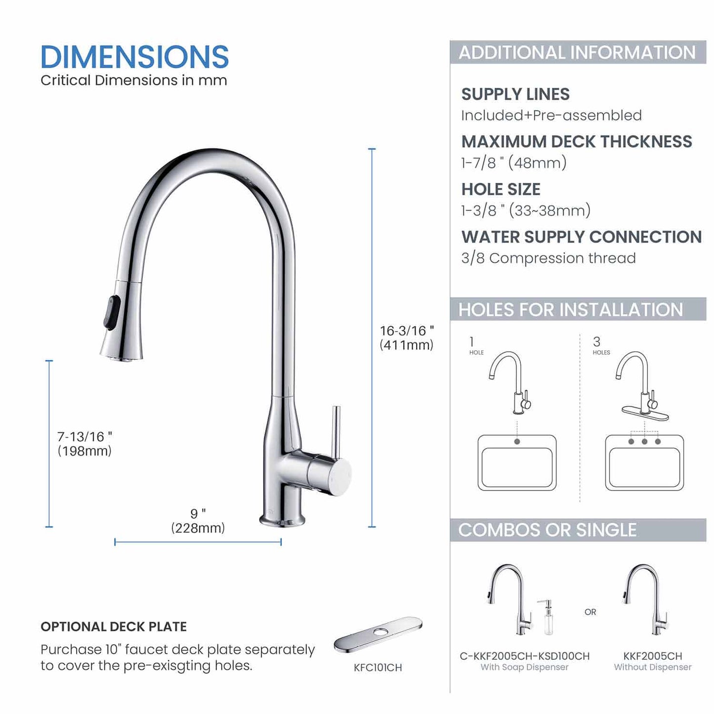 KIBI Napa Single Handle High Arc Pull Down Kitchen Faucet With Soap Dispenser in Chrome Finish - C-KKF2005CH-KSD100CH