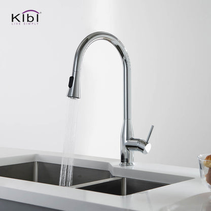 KIBI Napa Single Handle High Arc Pull Down Kitchen Faucet With Soap Dispenser in Chrome Finish - C-KKF2005CH-KSD100CH