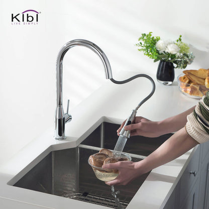 KIBI Napa Single Handle High Arc Pull Down Kitchen Faucet With Soap Dispenser in Chrome Finish - C-KKF2005CH-KSD100CH
