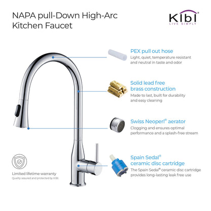 KIBI Napa Single Handle High Arc Pull Down Kitchen Faucet With Soap Dispenser in Chrome Finish - C-KKF2005CH-KSD100CH