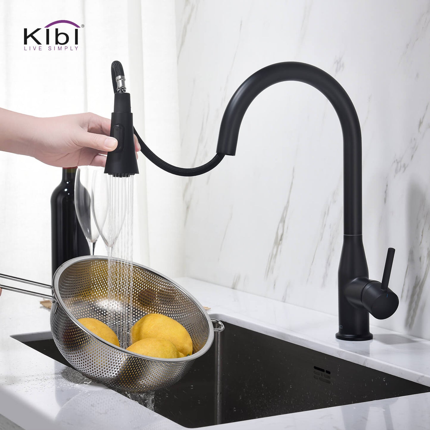 KIBI Napa Single Handle High Arc Pull Down Kitchen Faucet With Soap Dispenser in Matte Black Finish - C-KKF2005MB-KSD100MB