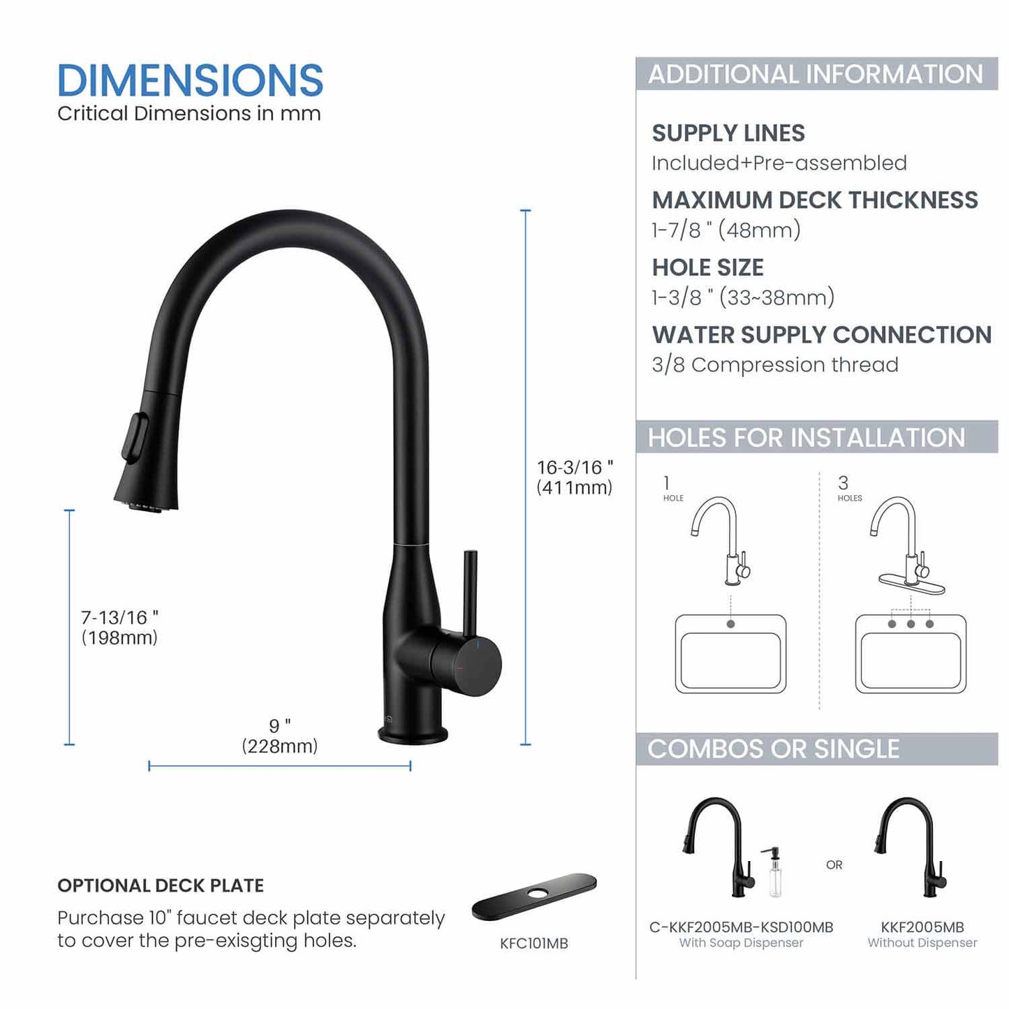 KIBI Napa Single Handle High Arc Pull Down Kitchen Faucet With Soap Dispenser in Matte Black Finish - C-KKF2005MB-KSD100MB