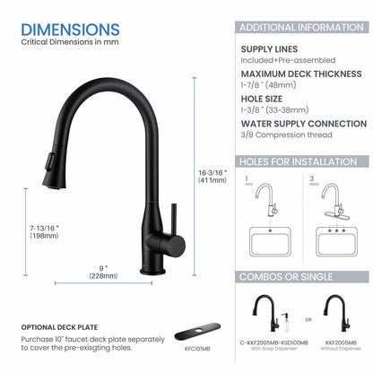 KIBI Napa Single Handle High Arc Pull Down Kitchen Faucet With Soap Dispenser in Matte Black Finish - C-KKF2005MB-KSD100MB