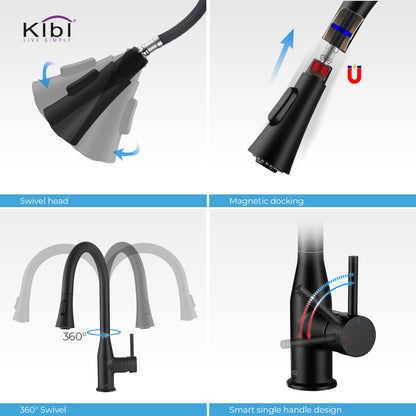KIBI Napa Single Handle High Arc Pull Down Kitchen Faucet in Matte Black Finish - KKF2005MB