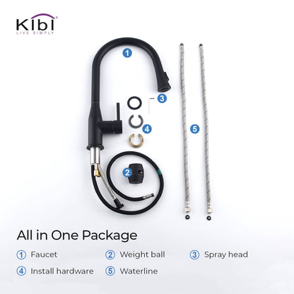 KIBI Napa Single Handle High Arc Pull Down Kitchen Faucet in Matte Black Finish - KKF2005MB