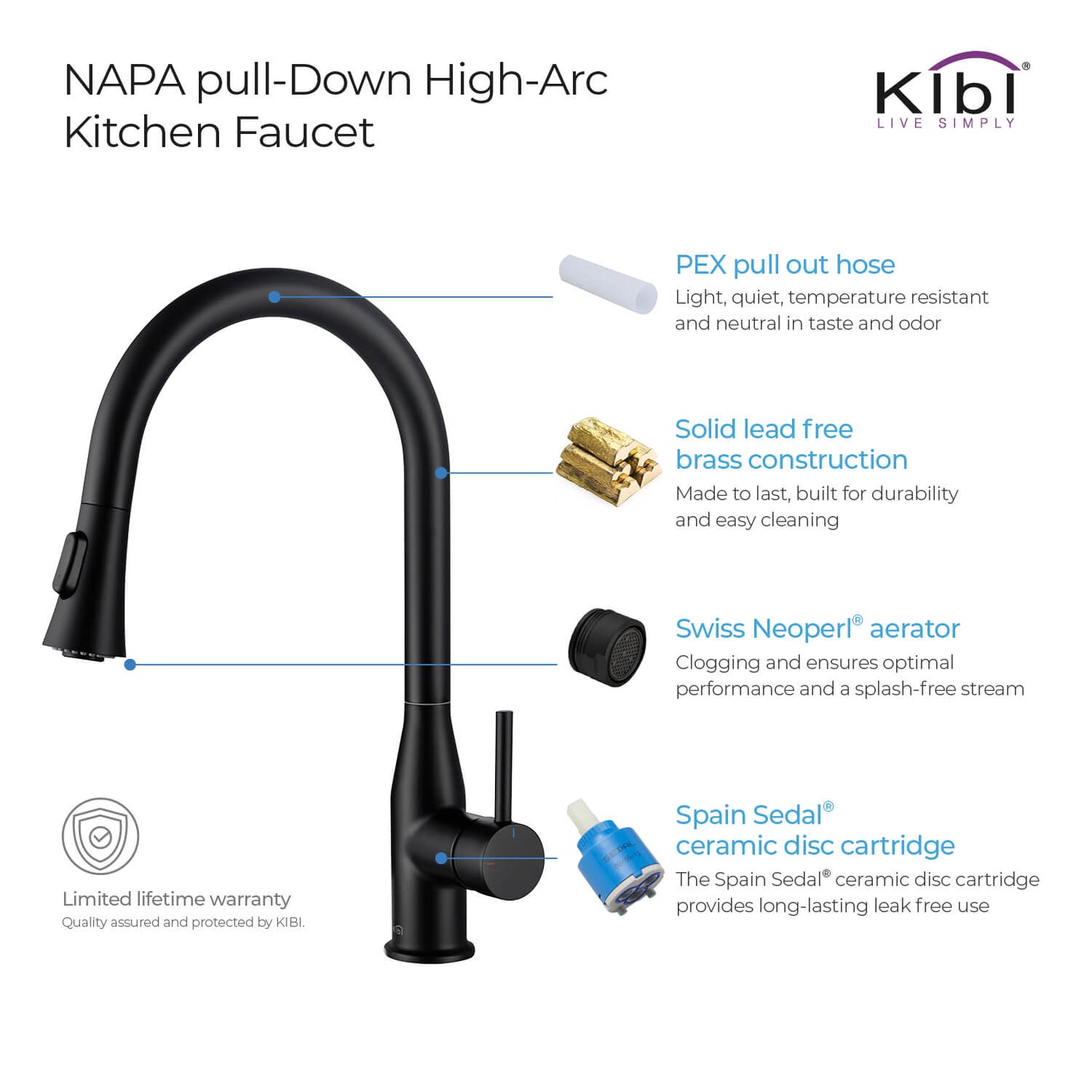 KIBI Napa Single Handle High Arc Pull Down Kitchen Faucet in Matte Black Finish - KKF2005MB