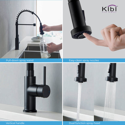 Kibi Aurora Single Handle High Arc Pull Down Kitchen Faucet In Matte Black Finish - KKF2003MB
