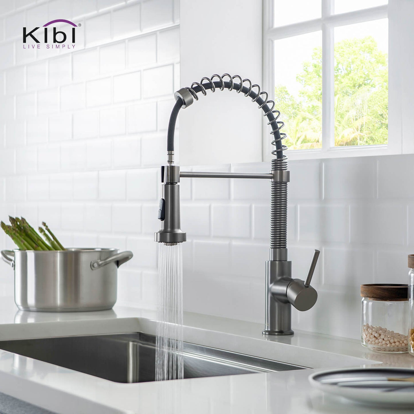 Kibi Aurora Single Handle High Arc Pull Down Kitchen Faucet In Titanium Finish - KKF2003TT