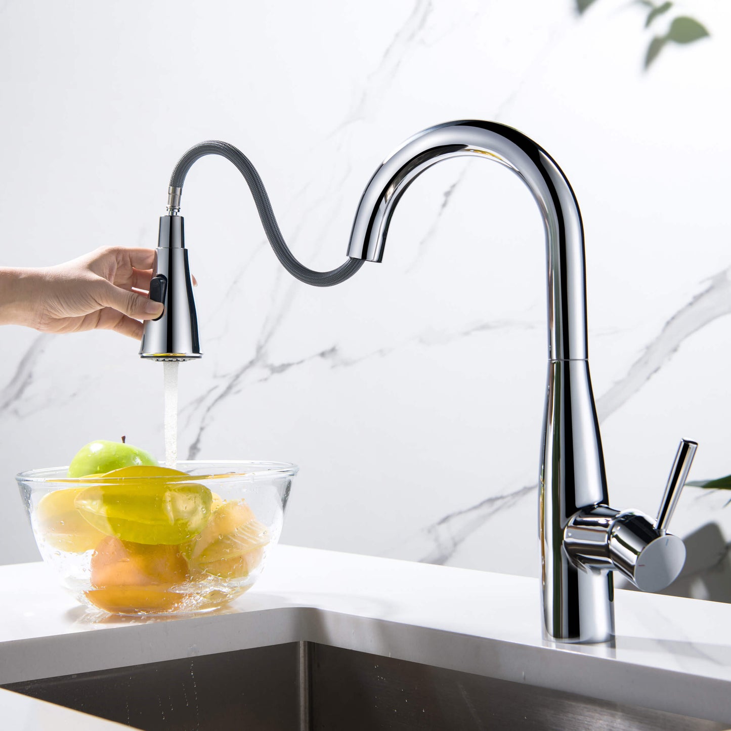 Kibi Bari Single Handle Pull Down Kitchen Bar Sink Faucet With Soap Dispenser in Chrome Finish - C-KKF2015CH-KSD100CH
