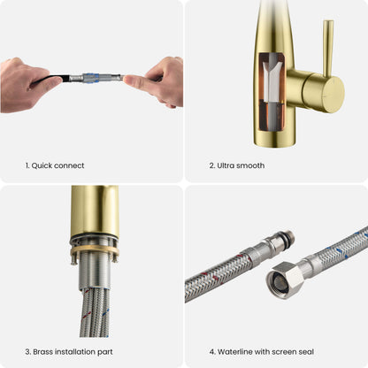 Kibi Bari Single Handle Pull Down Kitchen and Bar Sink Faucet With Soap Dispenser in Brushed Gold Finish - C-KKF2015BG-KSD100BG