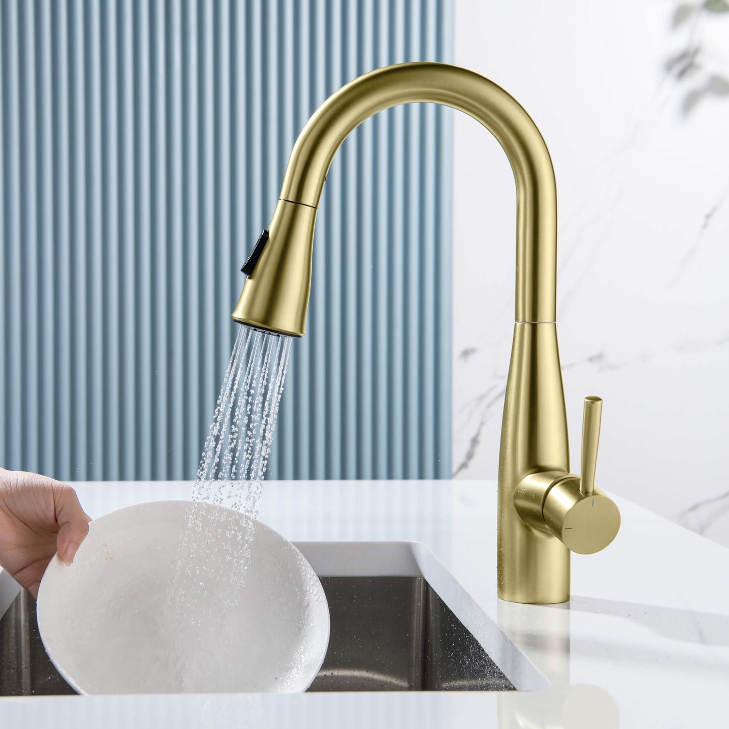 Kibi Bari Single Handle Pull Down Kitchen and Bar Sink Faucet With Soap Dispenser in Brushed Gold Finish - C-KKF2015BG-KSD100BG