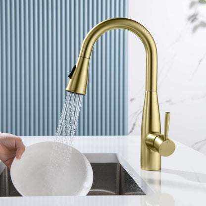 Kibi Bari Single Handle Pull Down Kitchen and Bar Sink Faucet With Soap Dispenser in Brushed Gold Finish - C-KKF2015BG-KSD100BG