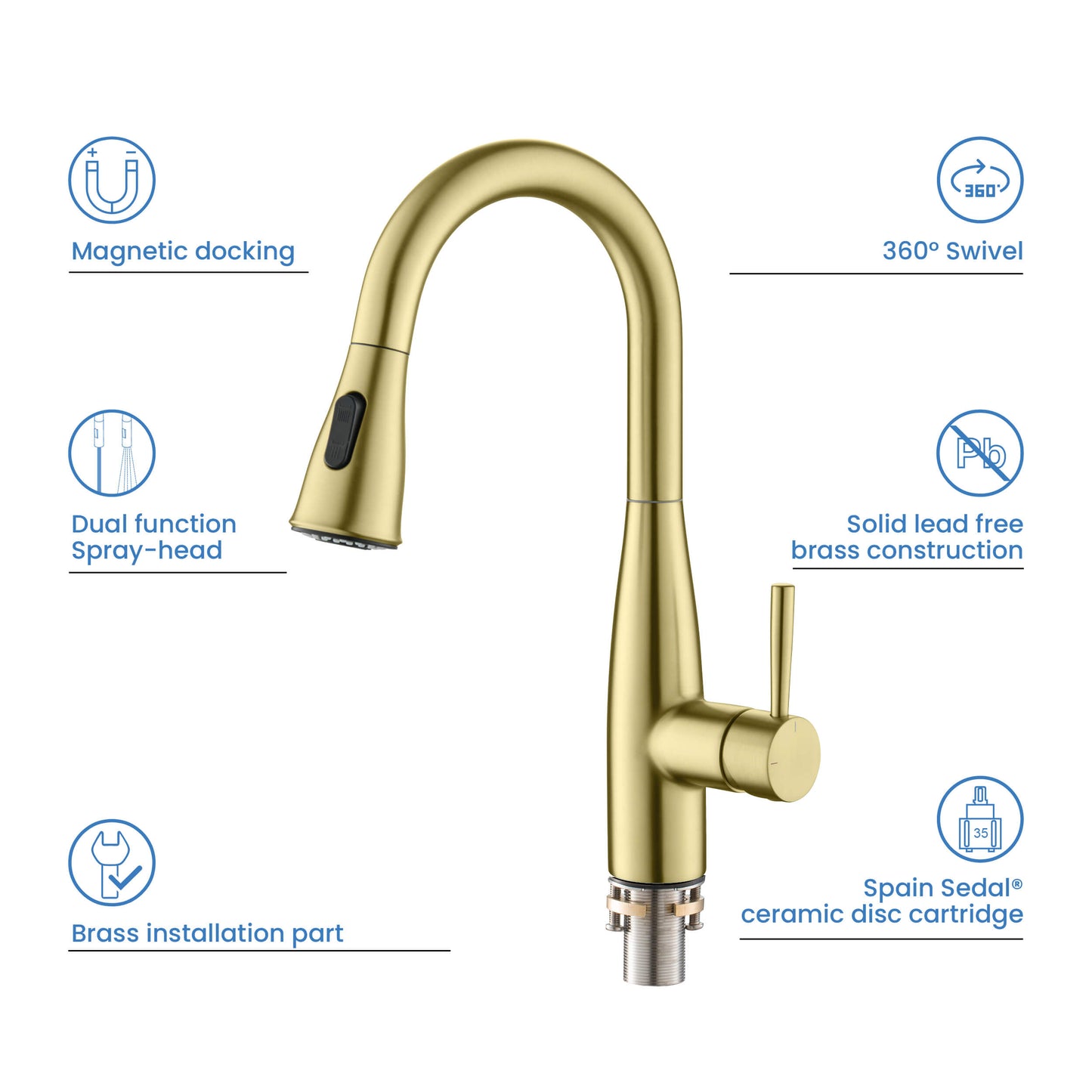 Kibi Bari Single Handle Pull Down Kitchen and Bar Sink Faucet With Soap Dispenser in Brushed Gold Finish - C-KKF2015BG-KSD100BG