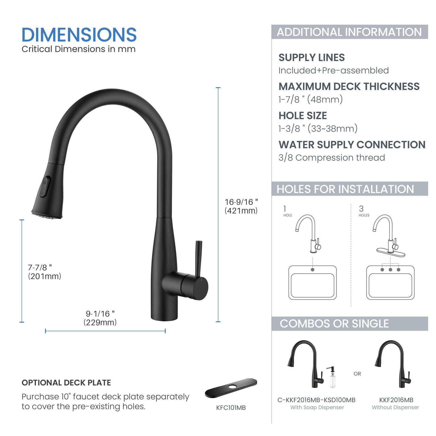 Kibi Bari-T Single Handle Pull Down Kitchen Sink Faucet in Matte Black Finish - KKF2016MB