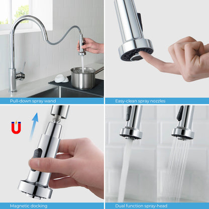 Kibi Casa Single Handle High Arc Pull Down Kitchen Faucet in Chrome Finish - KKF2002CH