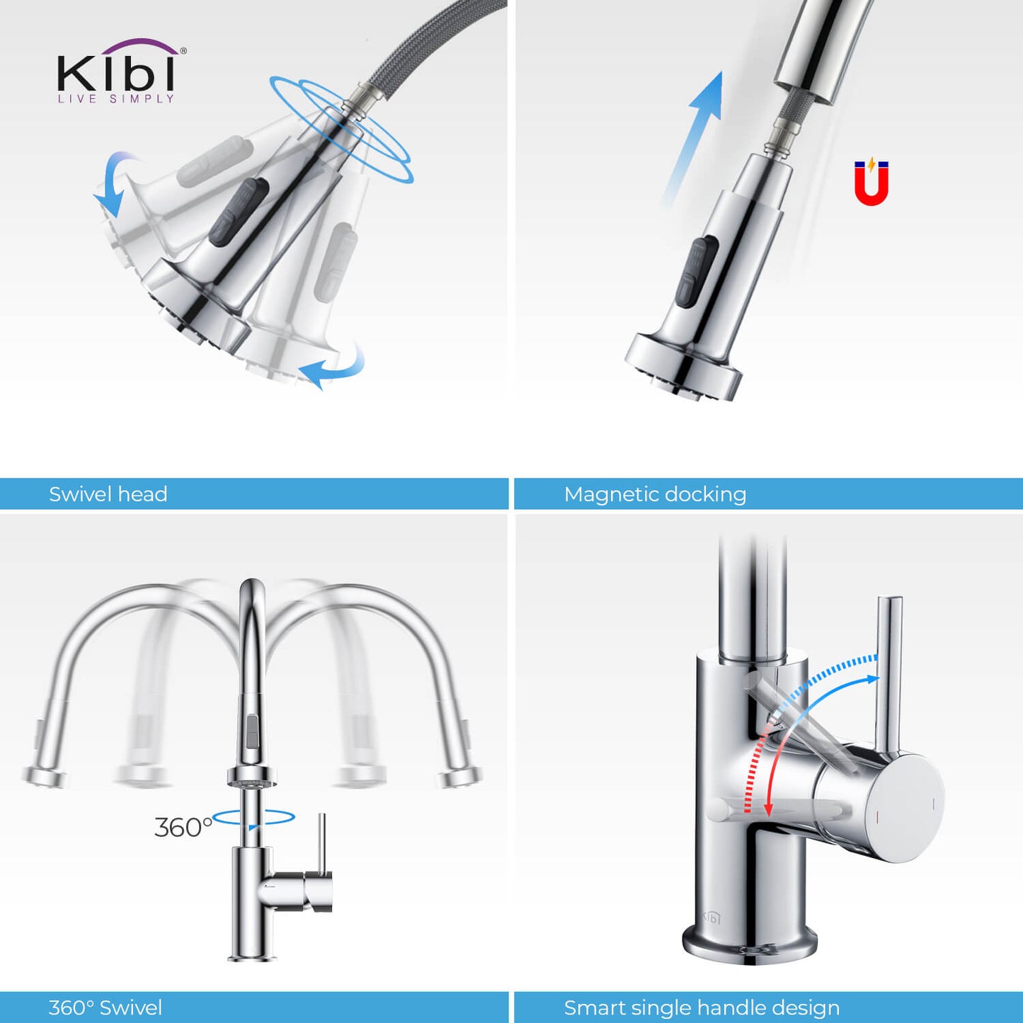 Kibi Casa Single Handle High Arc Pull Down Kitchen Faucet in Chrome Finish - KKF2002CH