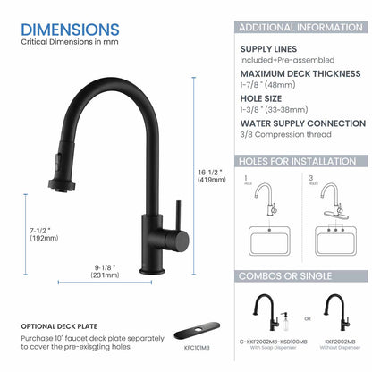 Kibi Casa Single Handle High Arc Pull Down Kitchen Faucet in Matte Black Finish - KKF2002MB