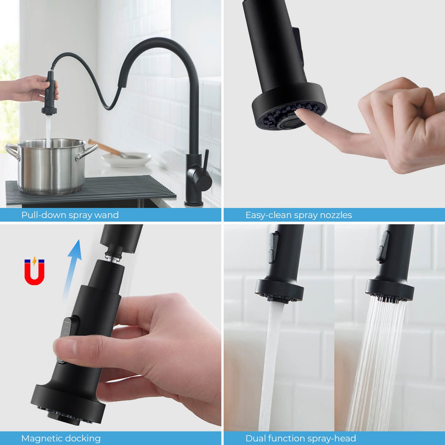 Kibi Casa Single Handle High Arc Pull Down Kitchen Faucet in Matte Black Finish - KKF2002MB