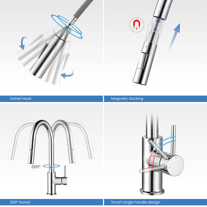 Kibi Circular Single Handle Pull Down Kitchen Faucet With Soap Dispenser in Chrome Finish - C-KKF2013CH-KSD100CH