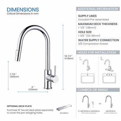 Kibi Circular Single Handle Pull Down Kitchen Faucet With Soap Dispenser in Chrome Finish - C-KKF2013CH-KSD100CH