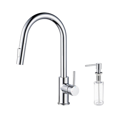 Kibi Circular Single Handle Pull Down Kitchen Faucet With Soap Dispenser in Chrome Finish - C-KKF2013CH-KSD100CH