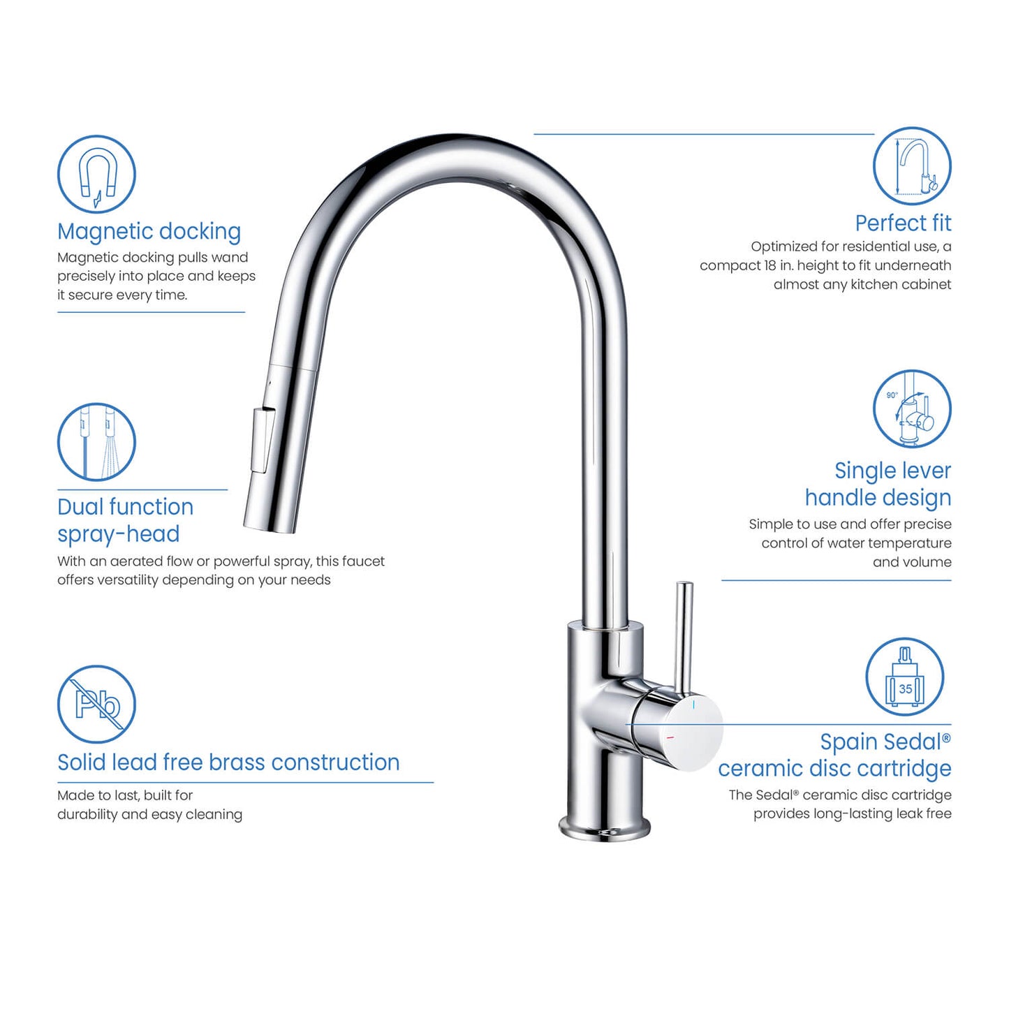 Kibi Circular Single Handle Pull Down Kitchen Faucet in Chrome Finish - KKF2013CH