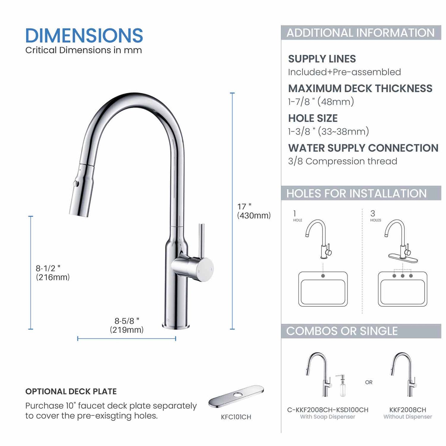 Kibi Hilo Single Handle High Arc Pull Down Kitchen Faucet in Chrome Finish - KKF2008CH