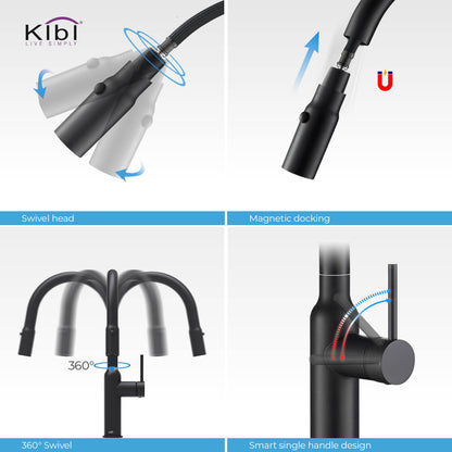 Kibi Hilo Single Handle High Arc Pull Down Kitchen Faucet in Matte Black Finish - KKF2008MB