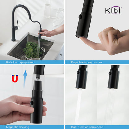 Kibi Hilo Single Handle High Arc Pull Down Kitchen Faucet in Matte Black Finish - KKF2008MB