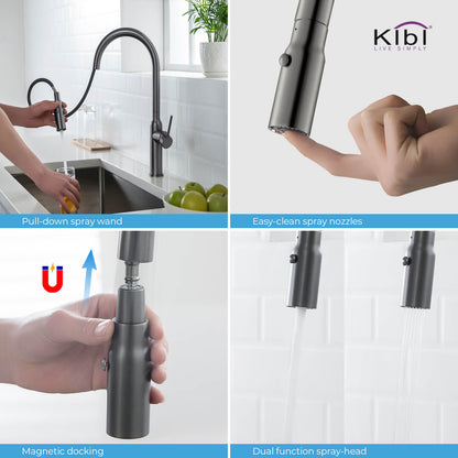 Kibi Hilo Single Handle High Arc Pull Down Kitchen Faucet in Titanium Finish - KKF2008TT